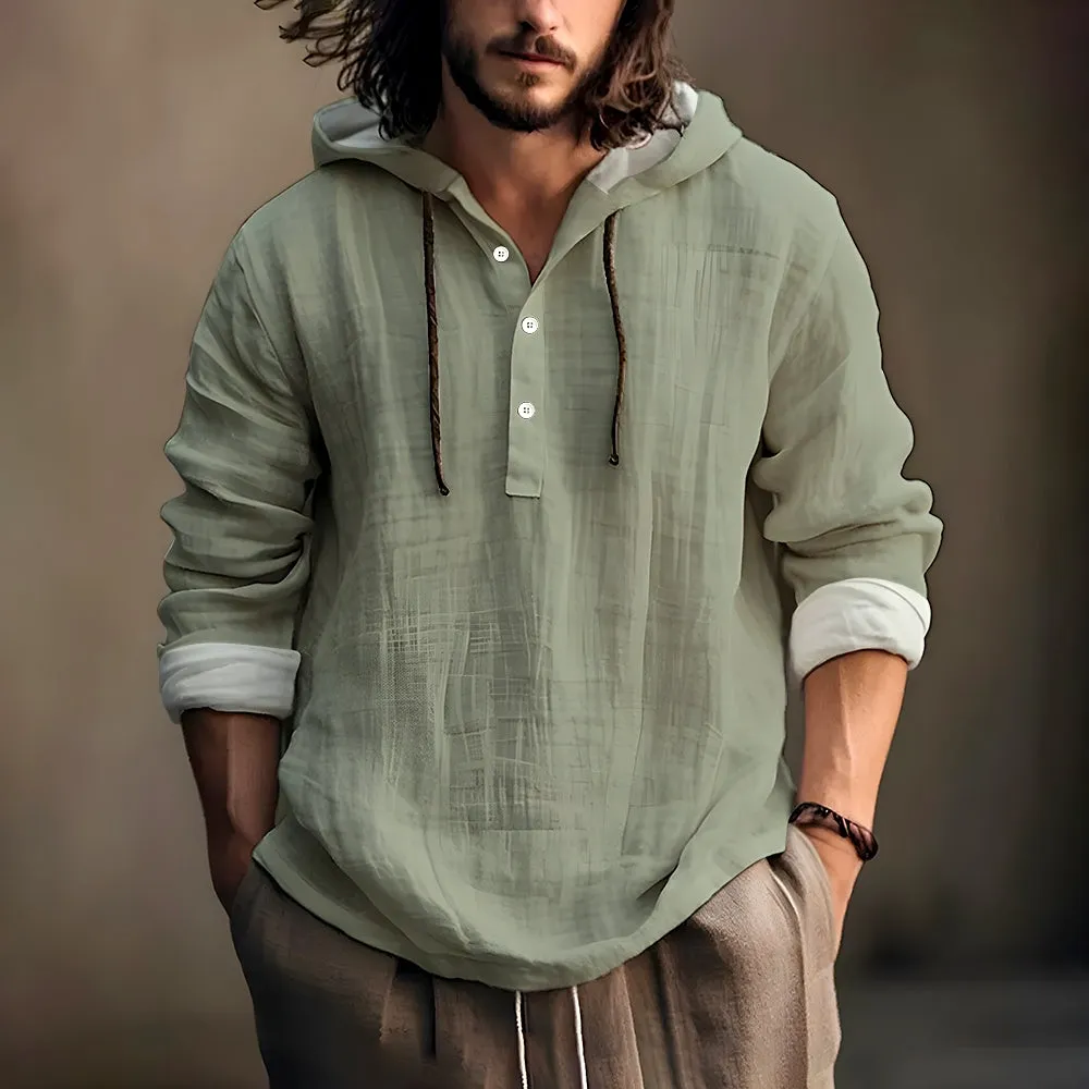 Men Solid Color Autumn Long Sleeve Hooded Cotton Linen Shirts 2407005269