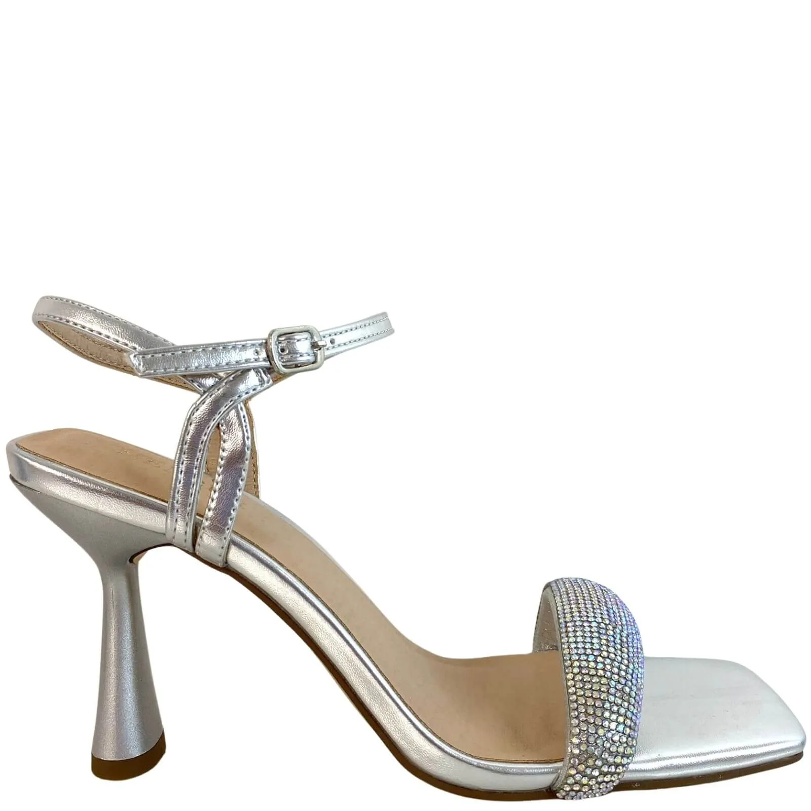 Menbur Silver Fluted Heel Square Toe Sandals