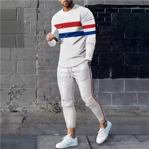 Men's Classic Striped Print Casual Long-Sleeved Two-Piece Set 2404001379