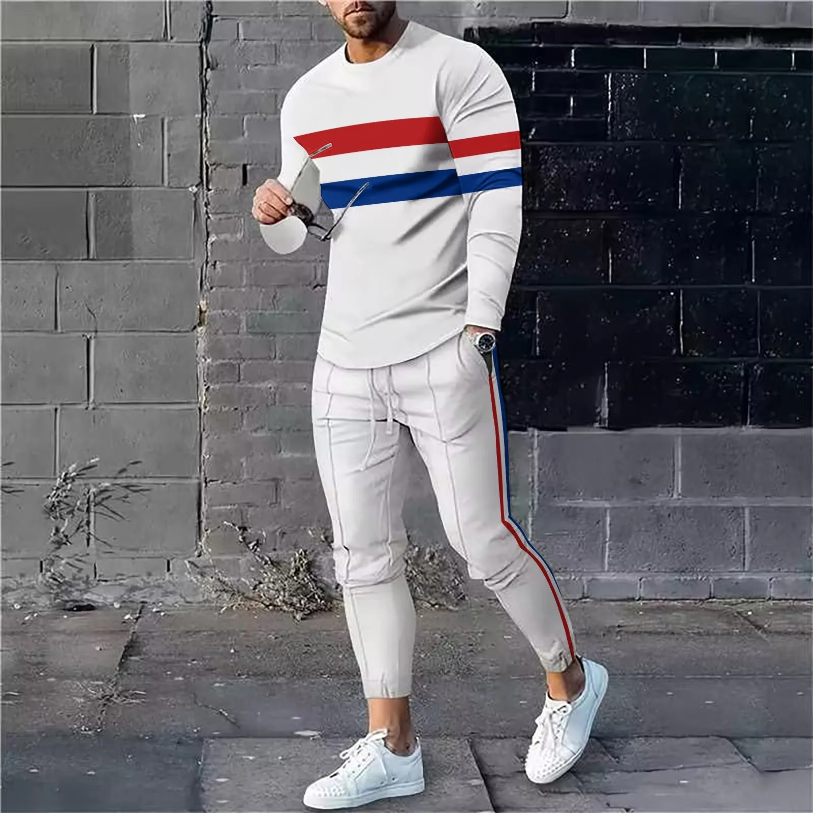 Men's Classic Striped Print Casual Long-Sleeved Two-Piece Set 2404001379