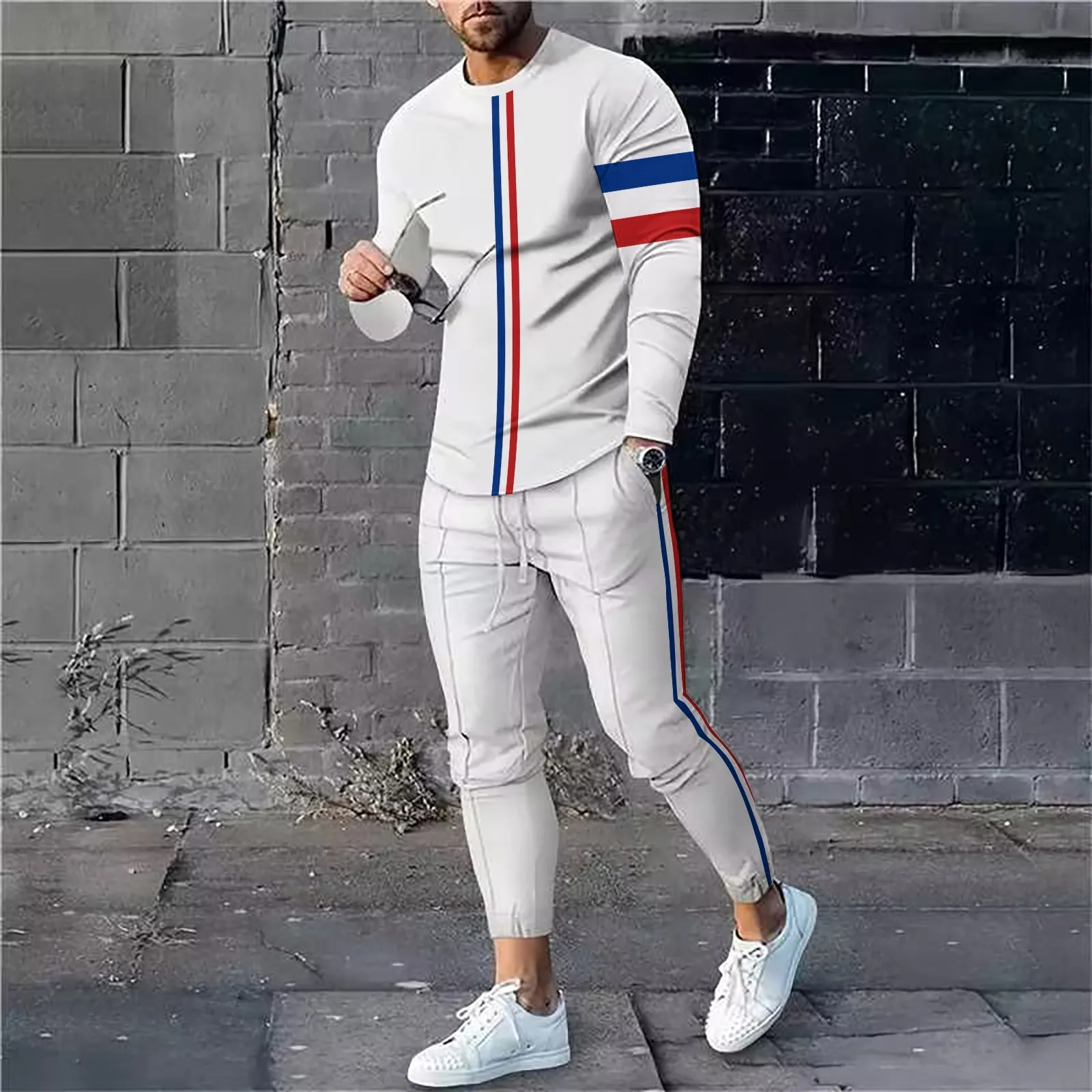 Men's Classic Striped Print Casual Long-Sleeved Two-Piece Set 2404001380
