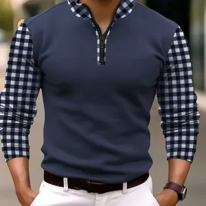 Men's Color Block Plaid Long Sleeve Polo Shirt