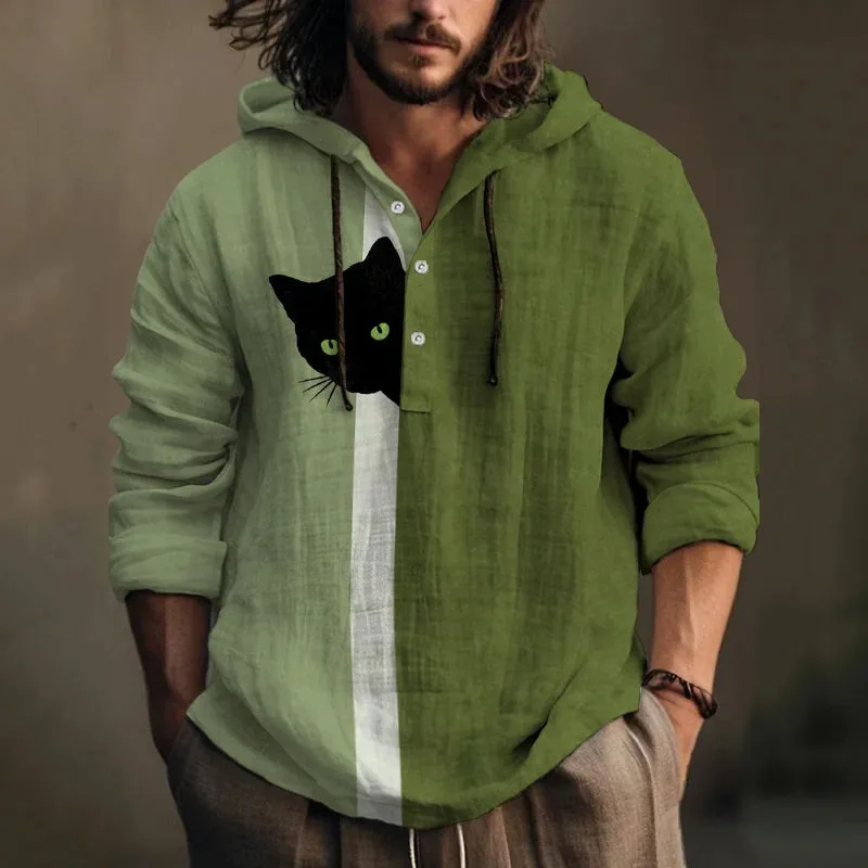 Men's Fun Hide And Seek Black Cat Print Hooded Shirt 2408001898