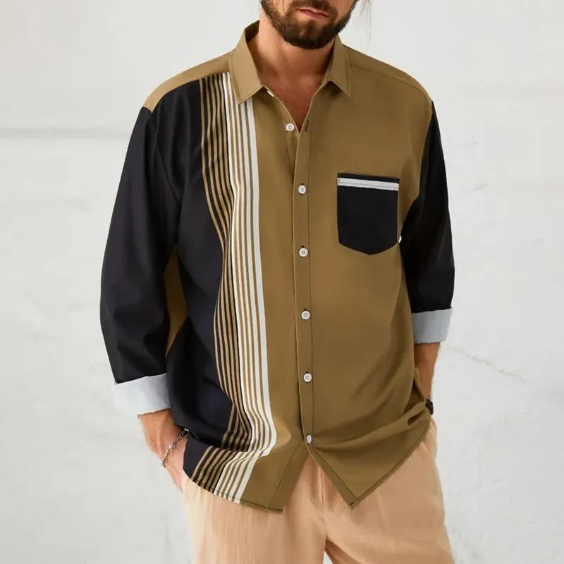 Men's Stripes Printed Vacation Casual Long Sleeve Shirt 2411012774