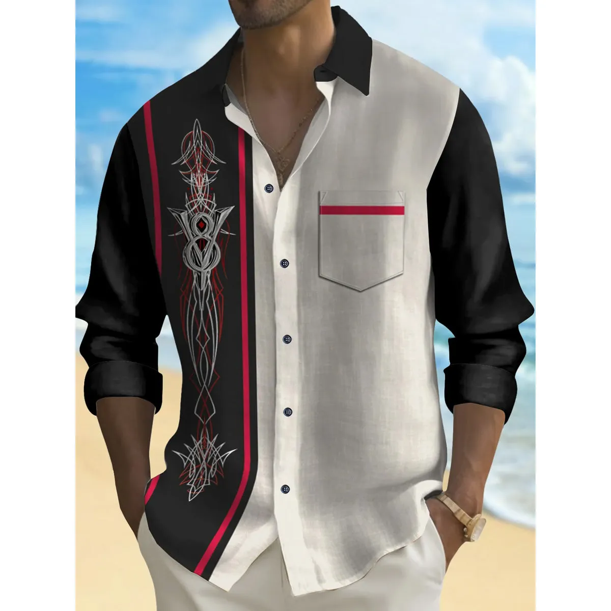 Men's Vintage Pinstripe Car Bowling Cartoon Long Sleeve Shirt