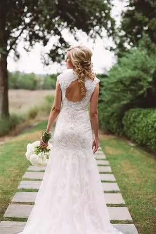 Modest Lace Wedding Dress with Appliques,Cap Sleeves Open Back Wedding Gowns new OK420