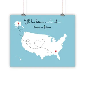 Mothers Day Birthday Christmas Gift For Mom, Father Long Distance Relationship Map, Mother and Daughter, Print, Framed or Canvas