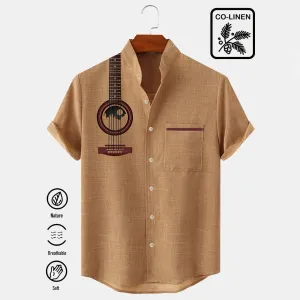 Music Guitar Print Comfortable Linen Stand Collar Shirt