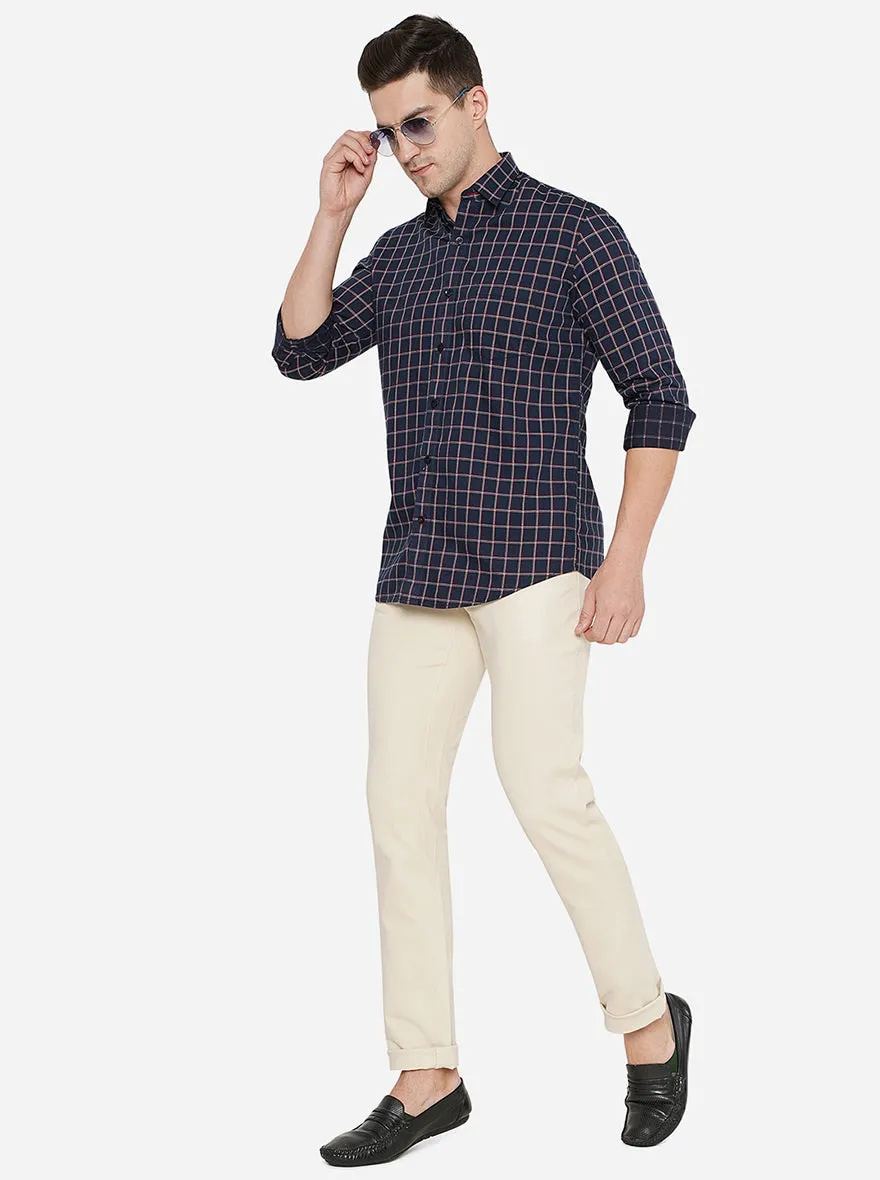 Navy Blue Checked Slim Fit Casual Shirt | JadeBlue