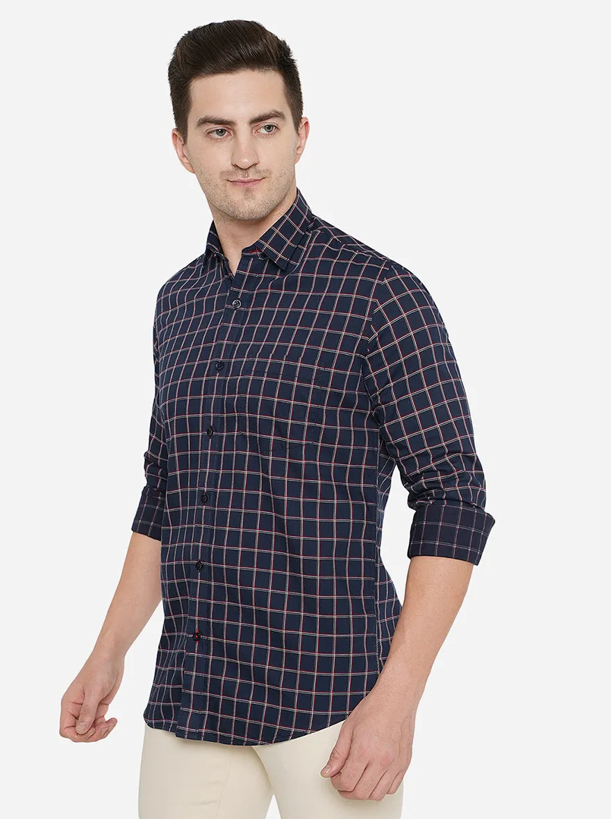 Navy Blue Checked Slim Fit Casual Shirt | JadeBlue