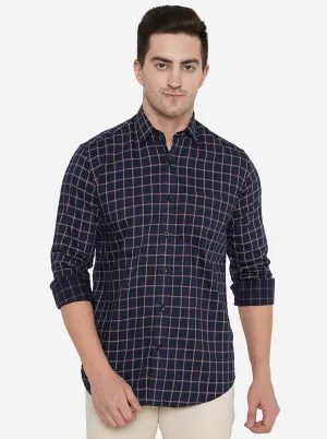 Navy Blue Checked Slim Fit Casual Shirt | JadeBlue