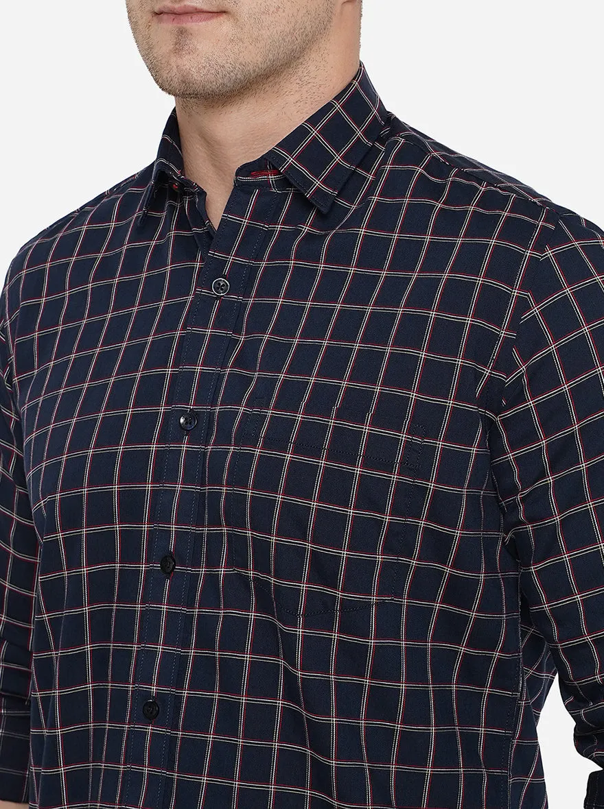 Navy Blue Checked Slim Fit Casual Shirt | JadeBlue
