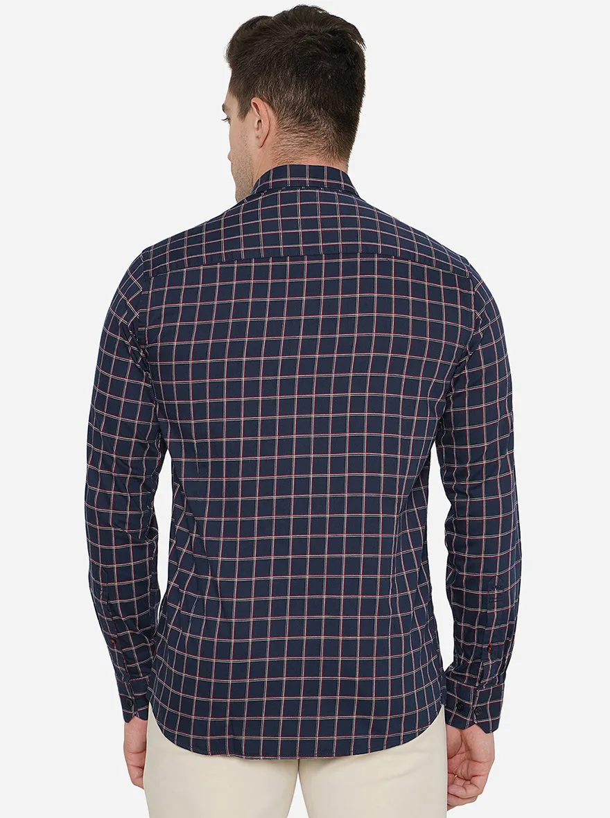 Navy Blue Checked Slim Fit Casual Shirt | JadeBlue