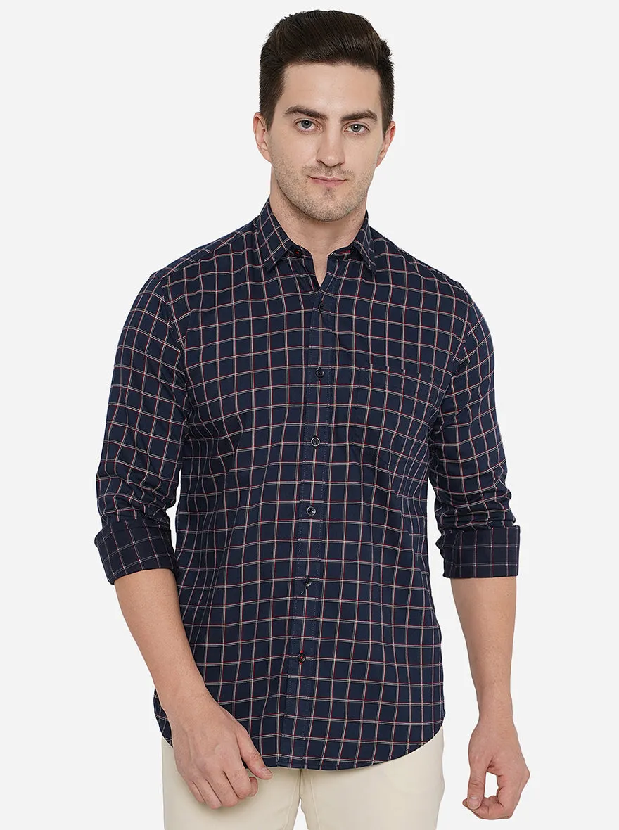 Navy Blue Checked Slim Fit Casual Shirt | JadeBlue