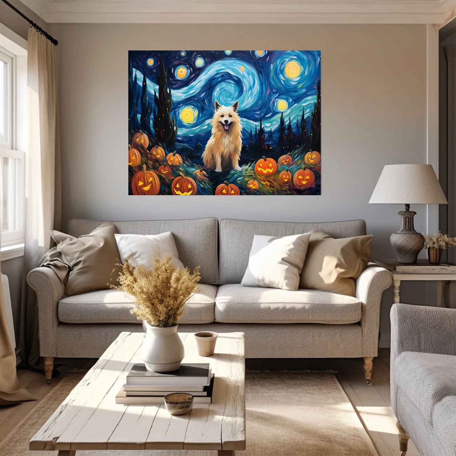 Norwegian Elkhounds Dog 02 Halloween With Pumpkin Oil Painting Van Goh Style, Wooden Canvas Prints Wall Art Painting , Canvas 3d Art