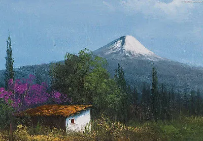 OIL ON CANVAS MEXICAN LANDSCAPE SIGNED NUÑEZ LUNA VULCAN LAKE & HOUSE CP4