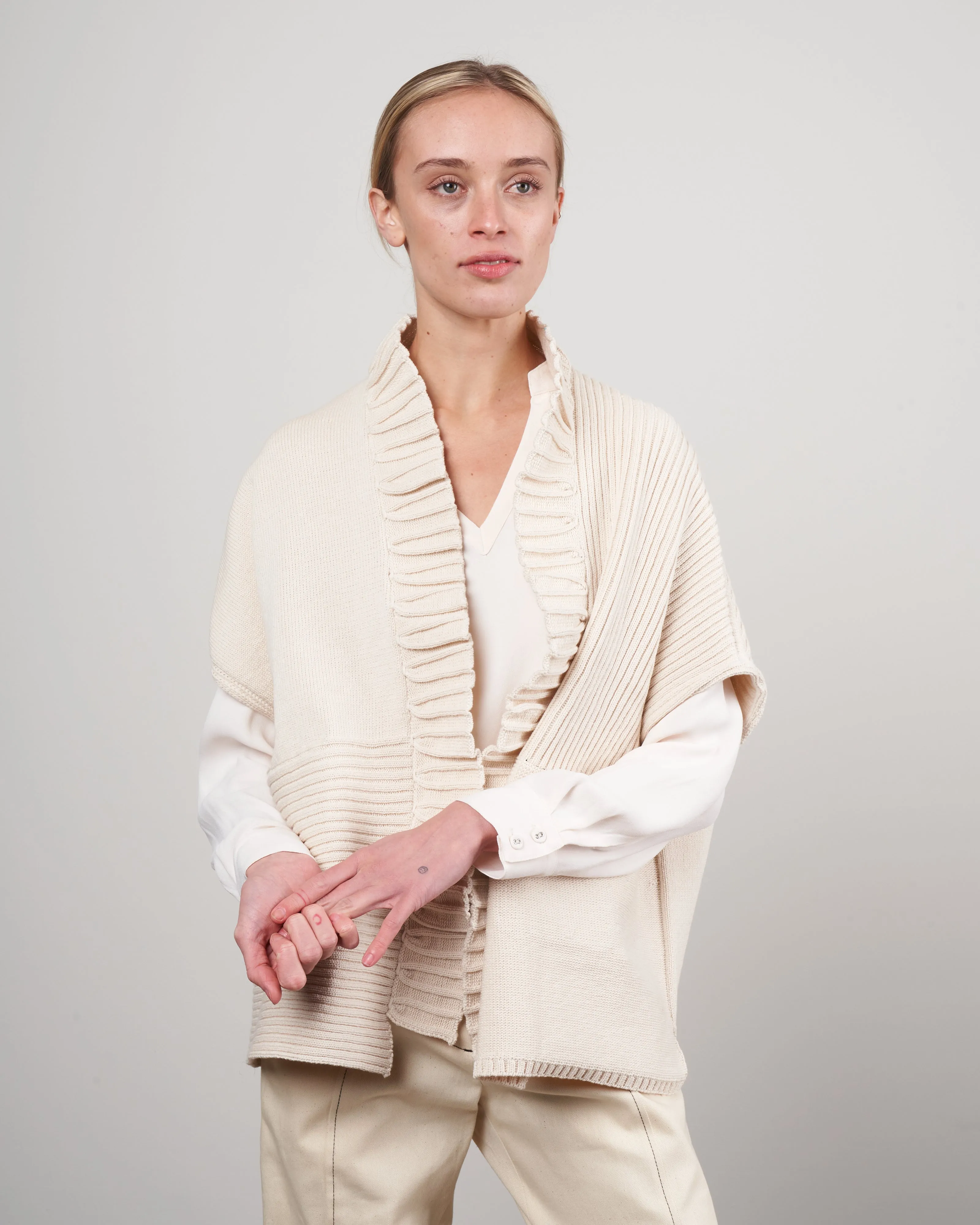 patchwork ruffle shrug - bone