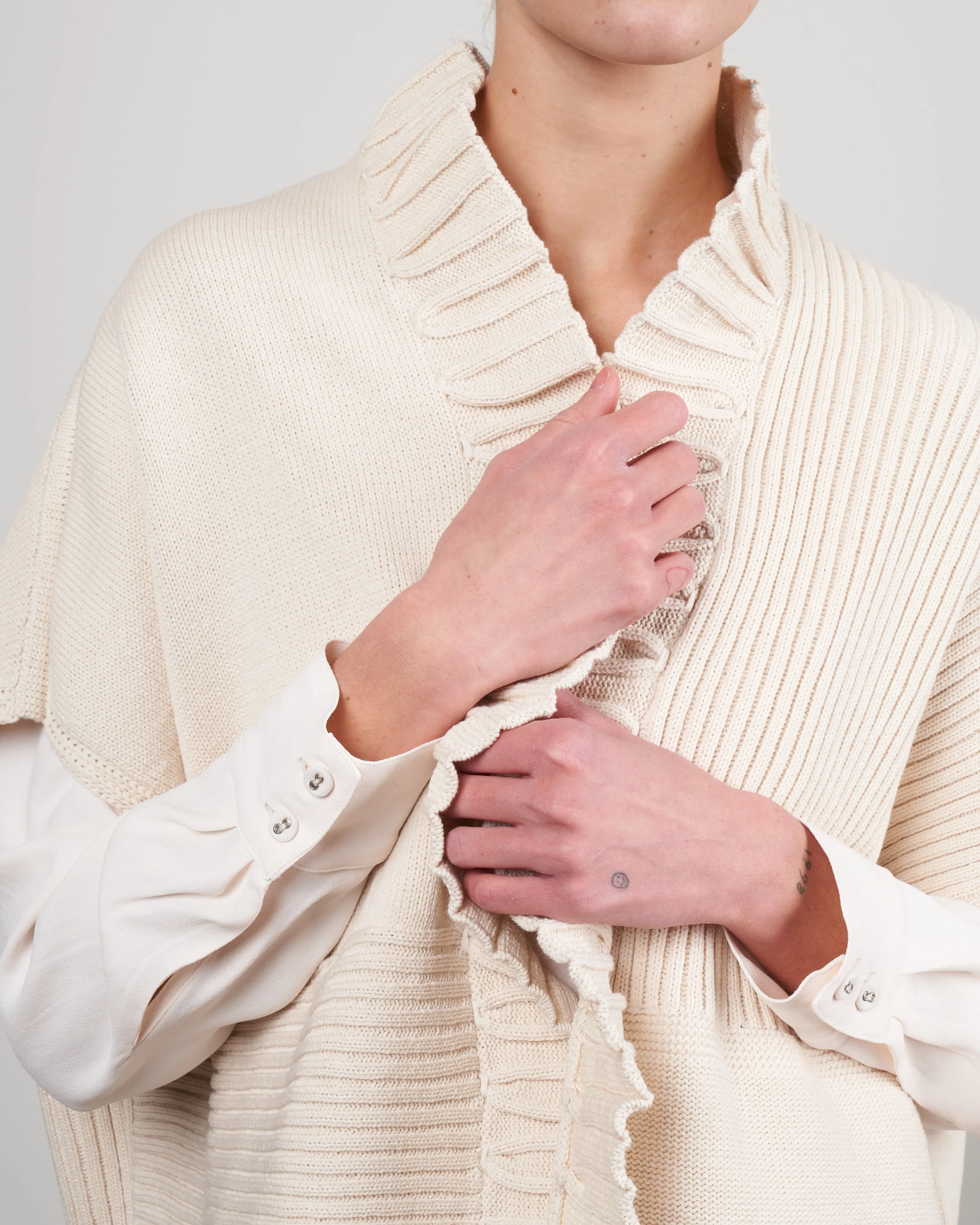 patchwork ruffle shrug - bone