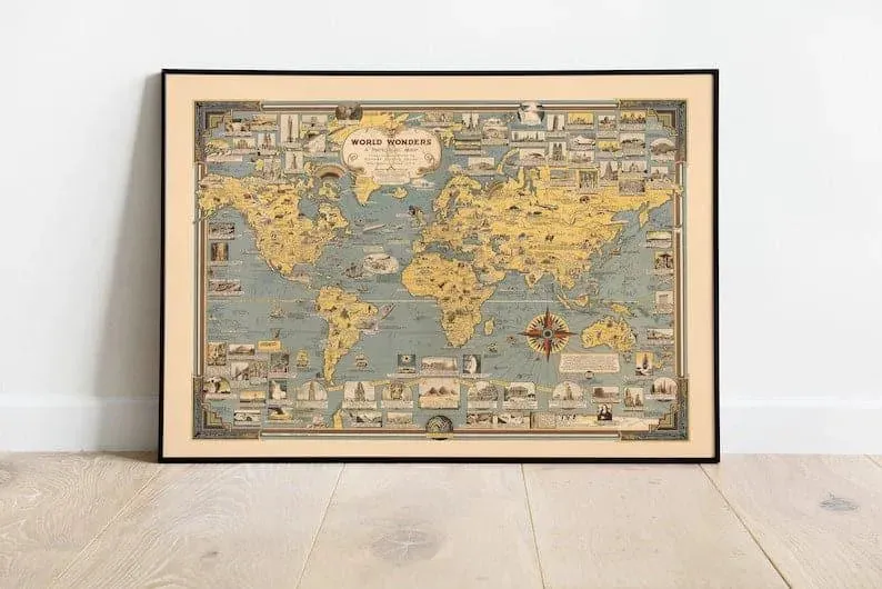 Pictorial Map Print of World Wonders| World Map Wall Print