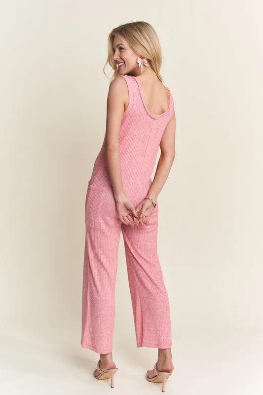 Pink Ribbed V-Neck Wide Leg Jumpsuit with Pockets