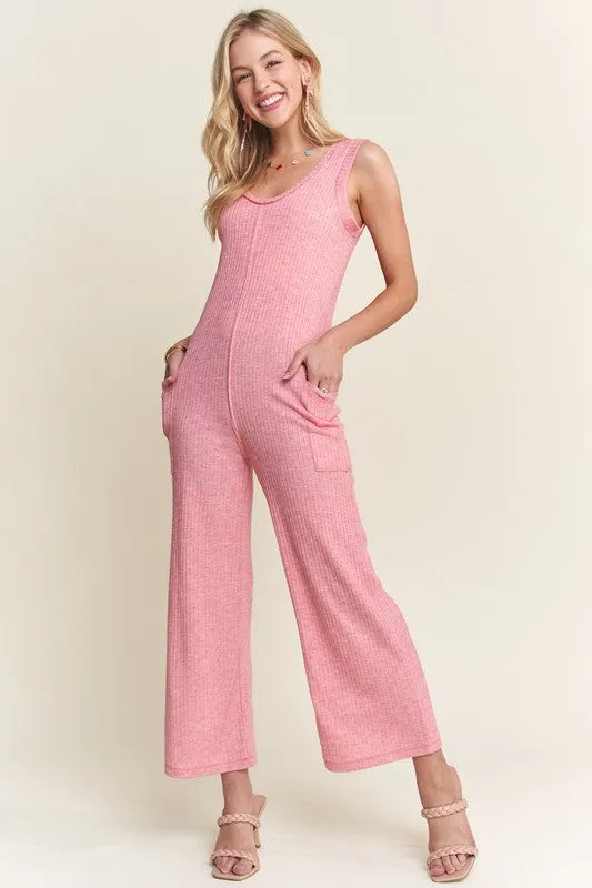 Pink Ribbed V-Neck Wide Leg Jumpsuit with Pockets