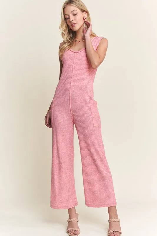 Pink Ribbed V-Neck Wide Leg Jumpsuit with Pockets