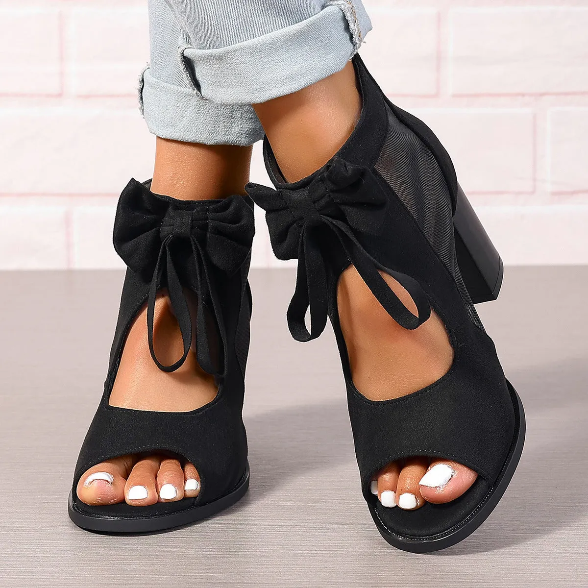 Platform Chunky Bow Open Toe Block Ankle Strap Sandals