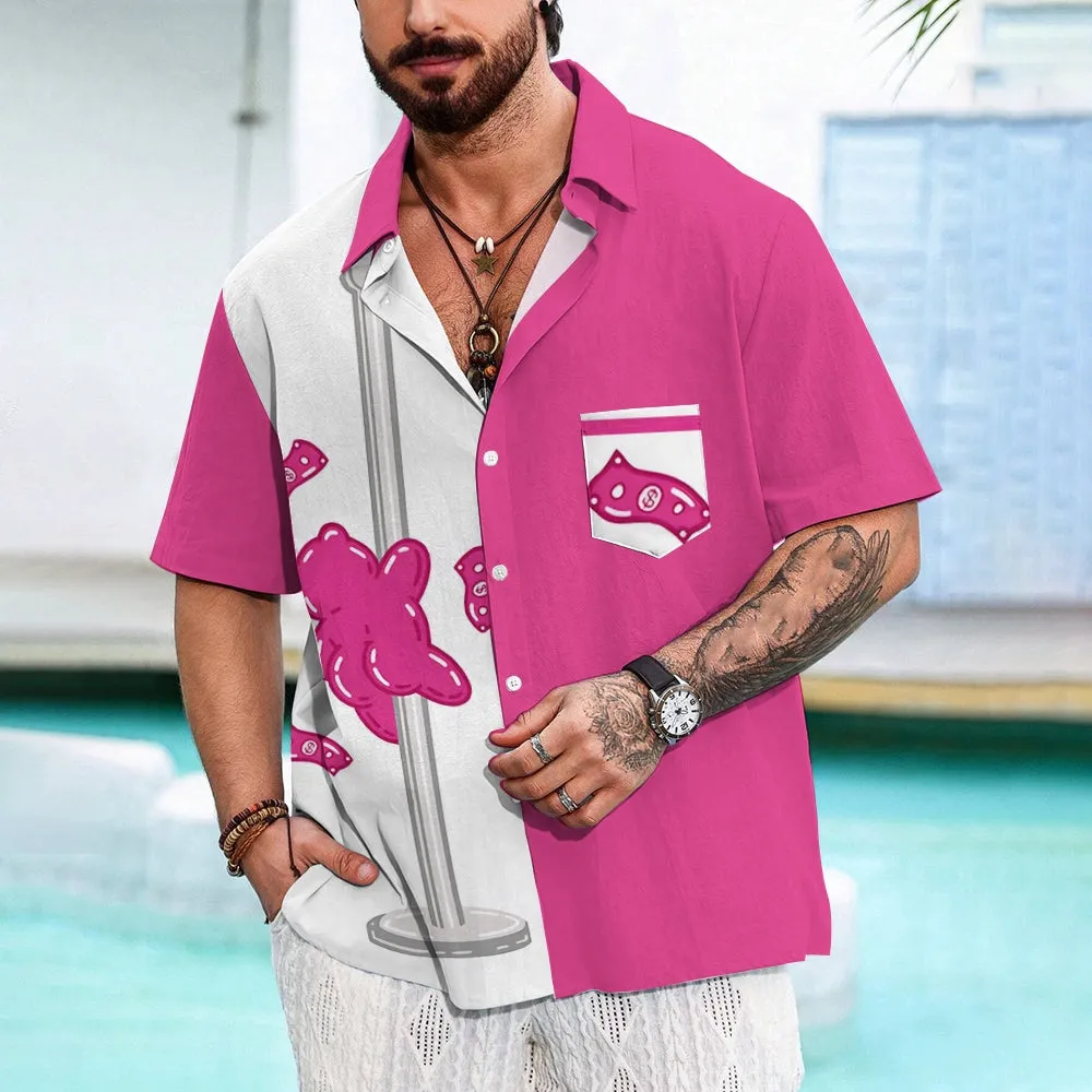 Pole Dancing Pink Bear Print Casual Short Sleeve Shirt 2405001040