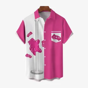 Pole Dancing Pink Bear Print Casual Short Sleeve Shirt 2405001040
