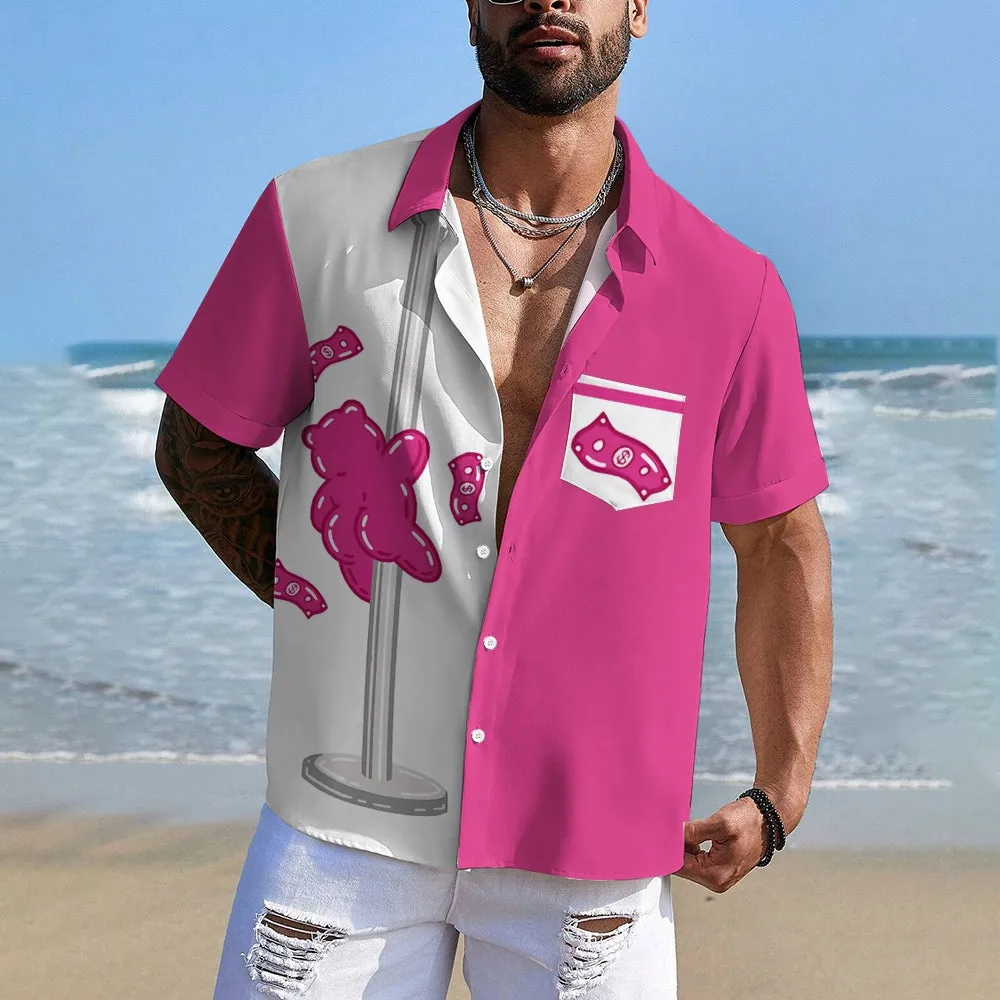 Pole Dancing Pink Bear Print Casual Short Sleeve Shirt 2405001040