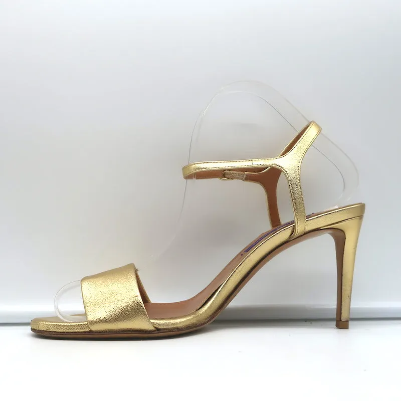 Ralph Lauren Collection Sandals Gold Metallic Leather Size 37.5 Ankle Strap Heel