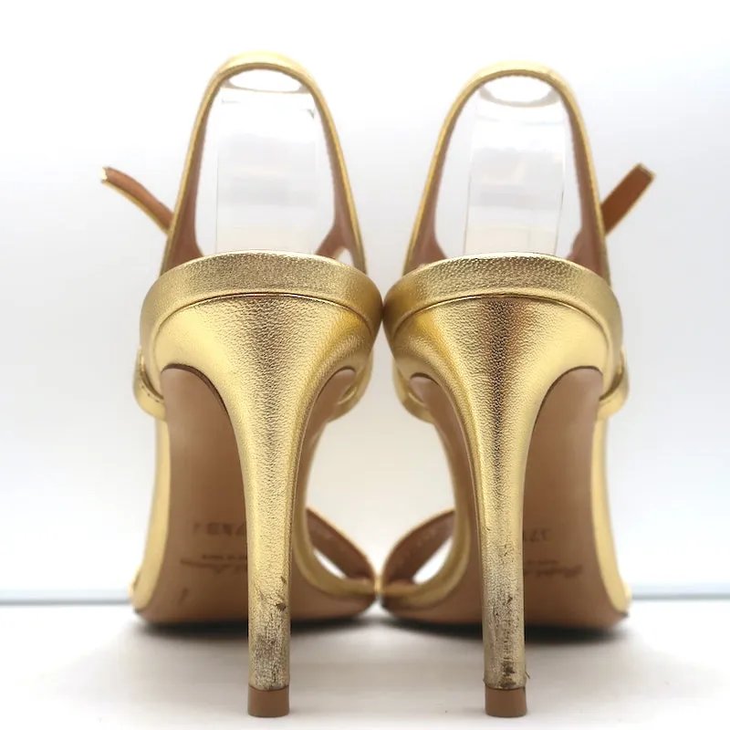 Ralph Lauren Collection Sandals Gold Metallic Leather Size 37.5 Ankle Strap Heel