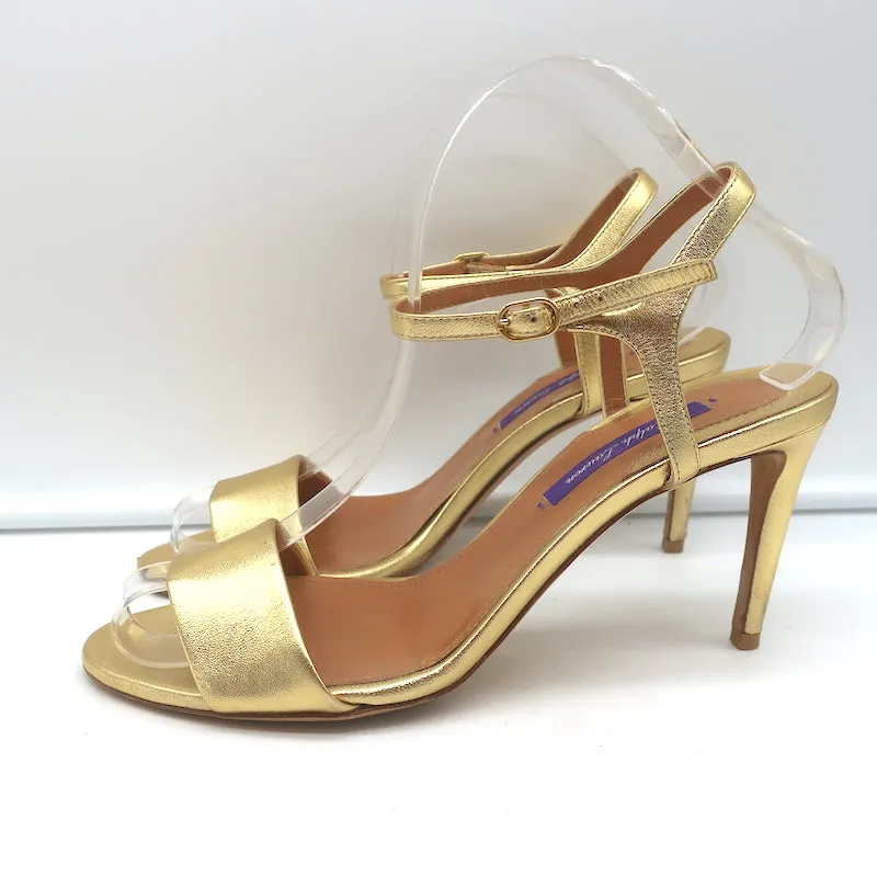 Ralph Lauren Collection Sandals Gold Metallic Leather Size 37.5 Ankle Strap Heel