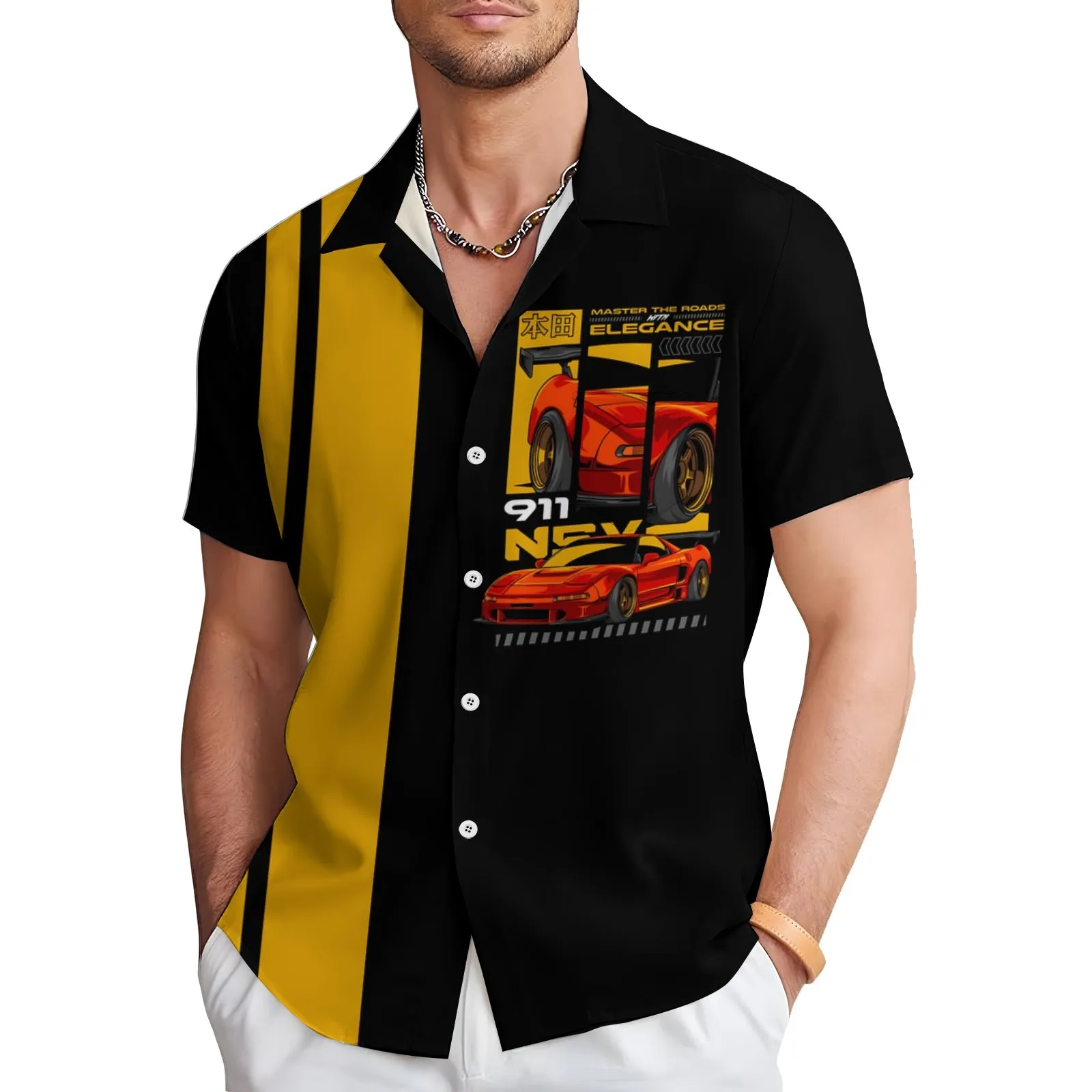 Retro 911 Sports Car Print Casual Short Sleeve Shirt 2404000483