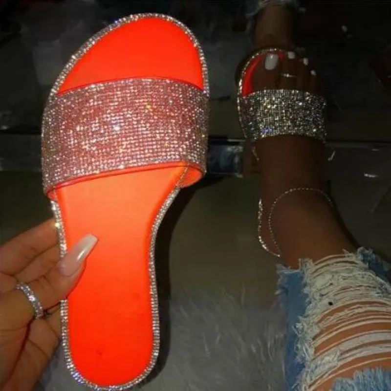 Rhinestone Candy-colored Slides - Diamond Flat Bottom Outdoor Sandals