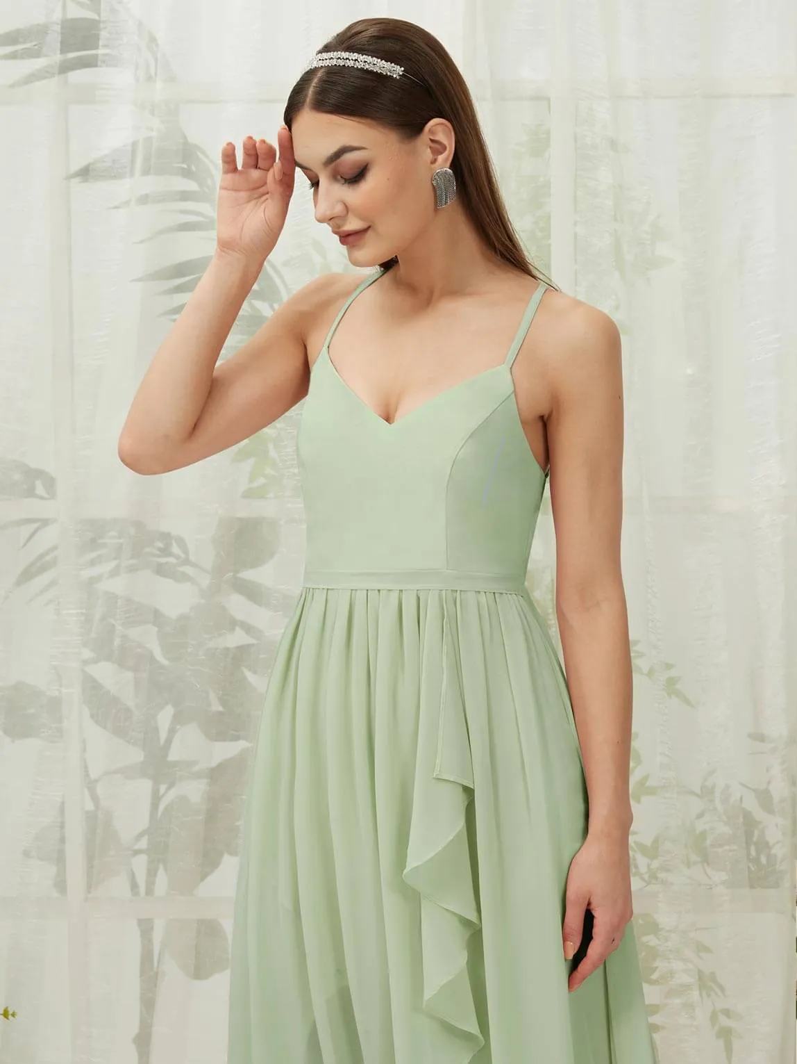 Sage Chiffon Slit High Low Sweetheart Straps Pleated Flowy Bridesmaid Dress