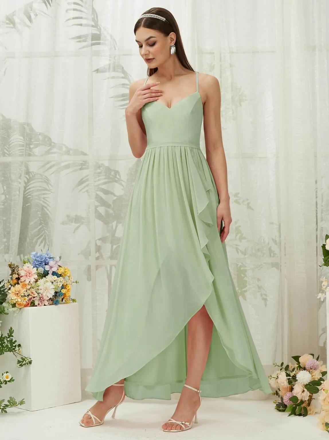 Sage Chiffon Slit High Low Sweetheart Straps Pleated Flowy Bridesmaid Dress