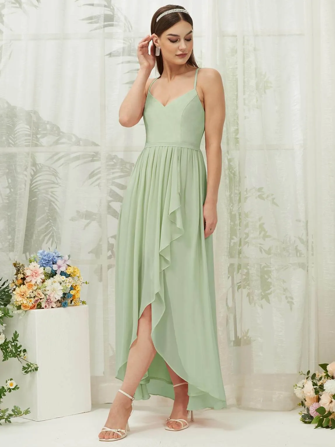 Sage Chiffon Slit High Low Sweetheart Straps Pleated Flowy Bridesmaid Dress