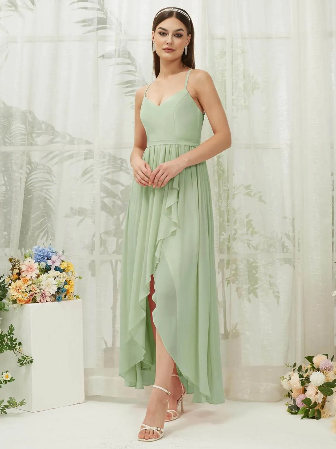 Sage Chiffon Slit High Low Sweetheart Straps Pleated Flowy Bridesmaid Dress