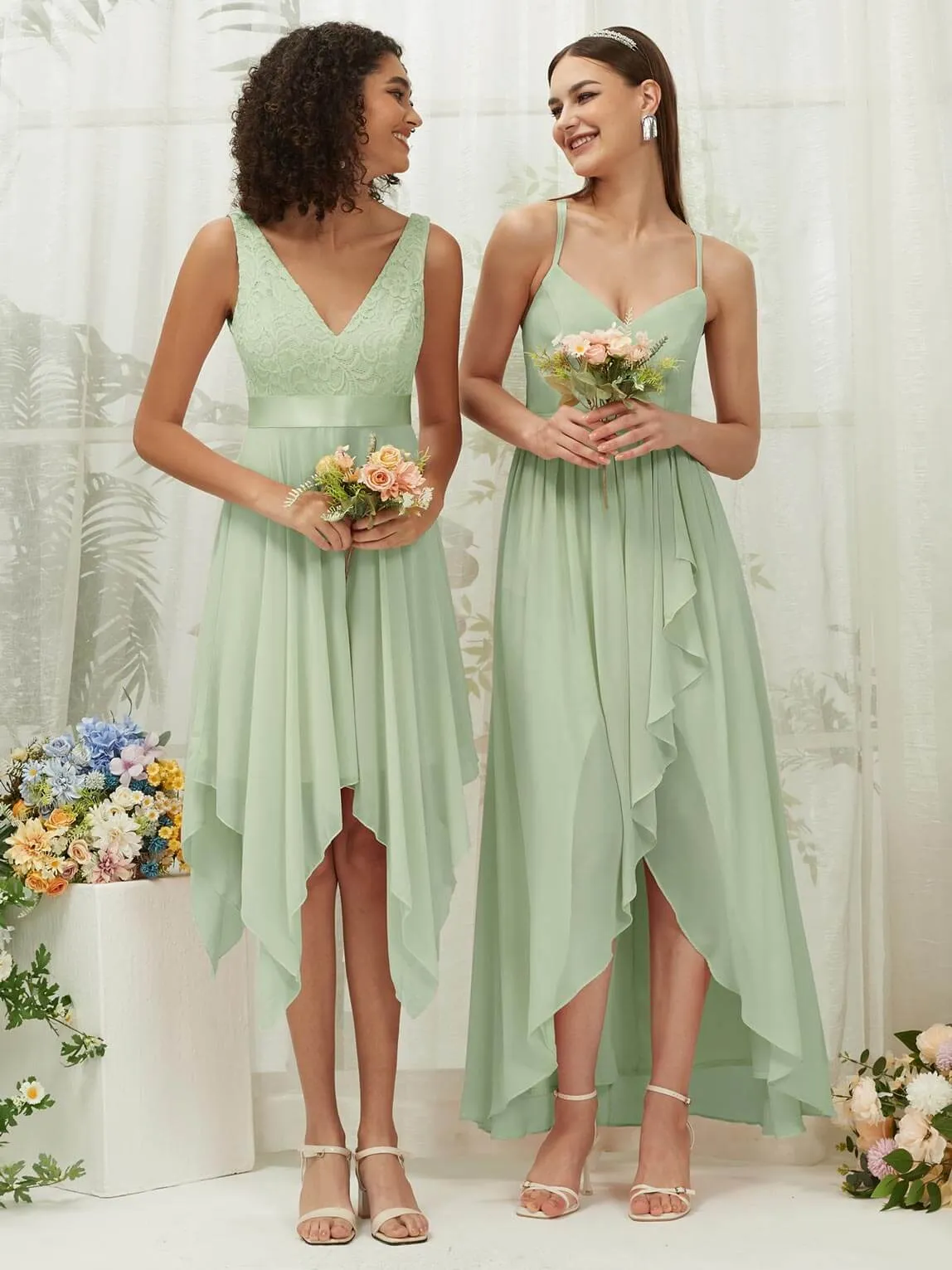 Sage Chiffon Slit High Low Sweetheart Straps Pleated Flowy Bridesmaid Dress