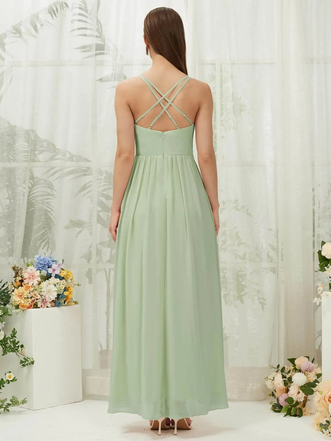 Sage Chiffon Slit High Low Sweetheart Straps Pleated Flowy Bridesmaid Dress