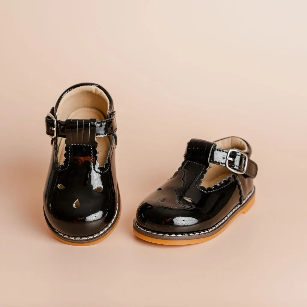 Scallop T Bars (Reg Buckle) - Black Patent