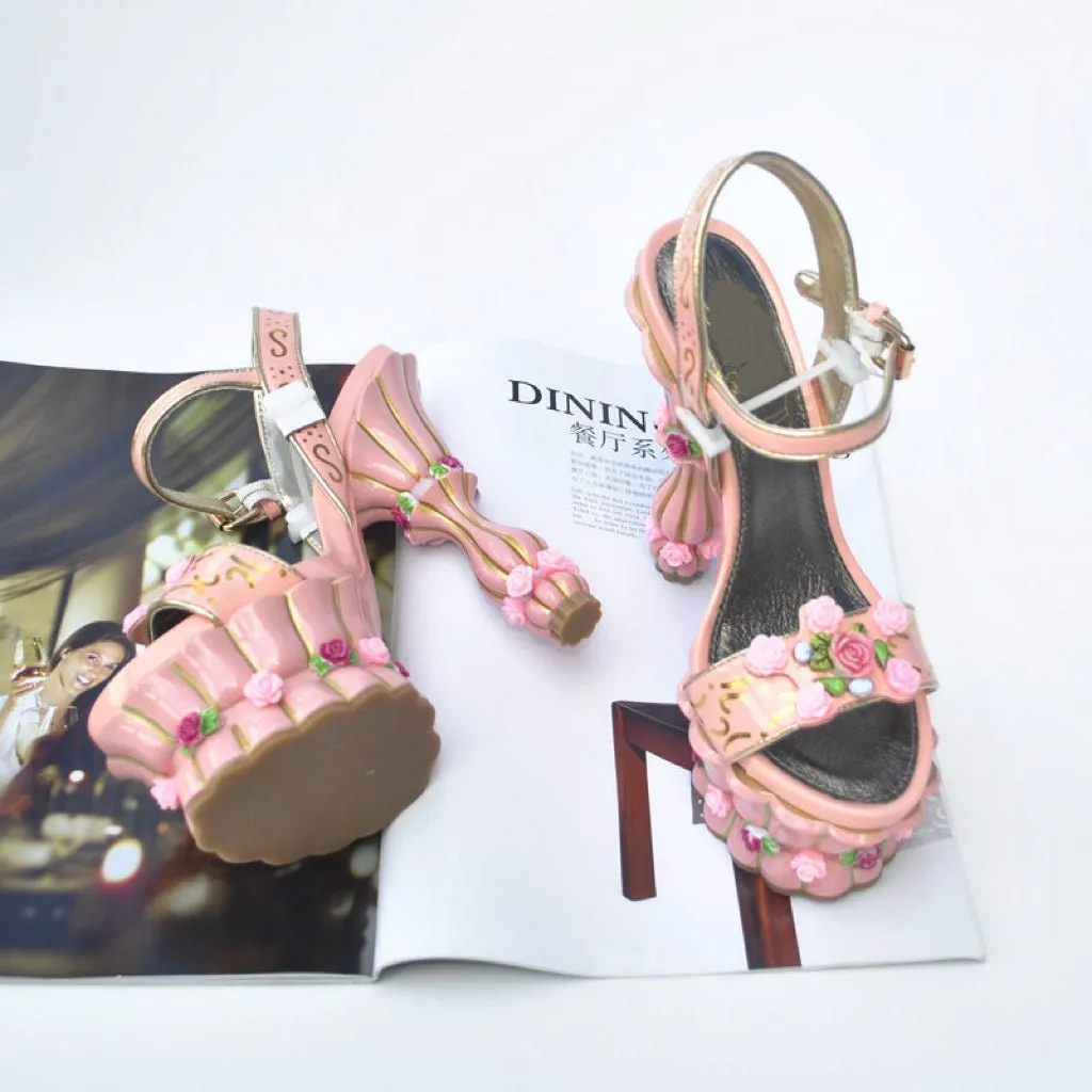 Sculpted Floral-Heel Peep-Toe Sandals