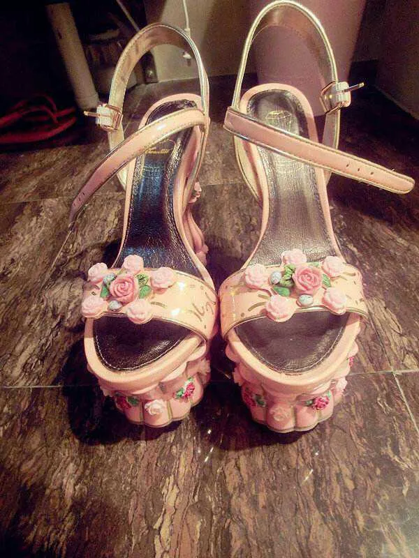 Sculpted Floral-Heel Peep-Toe Sandals