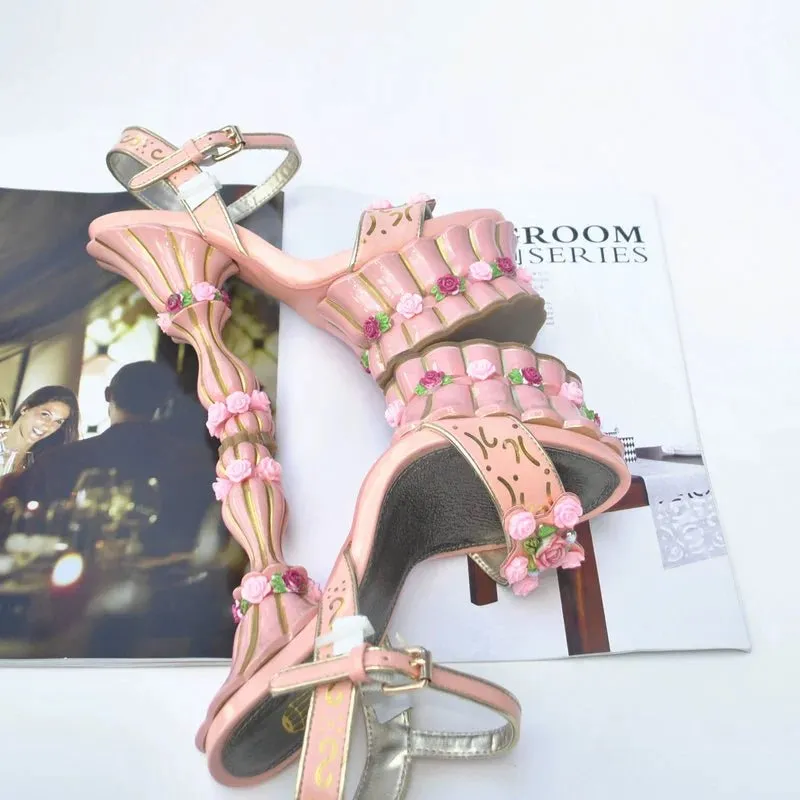 Sculpted Floral-Heel Peep-Toe Sandals