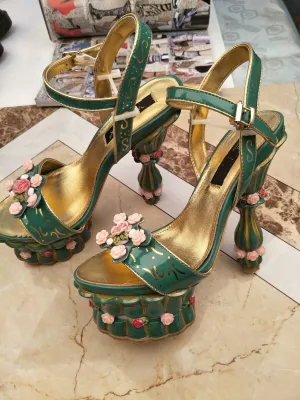 Sculpted Floral-Heel Peep-Toe Sandals
