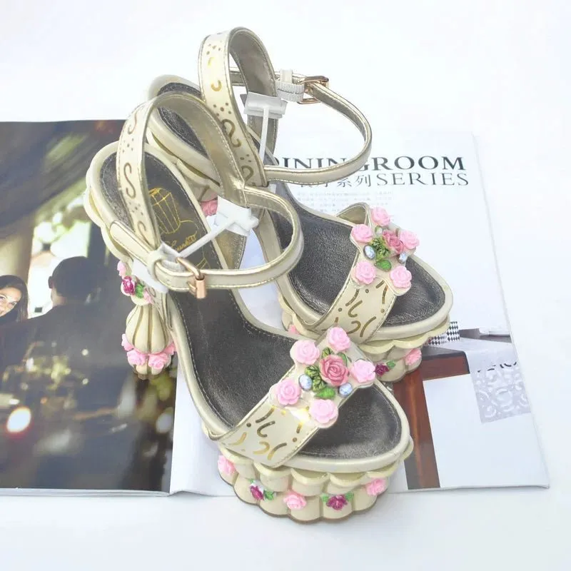 Sculpted Floral-Heel Peep-Toe Sandals