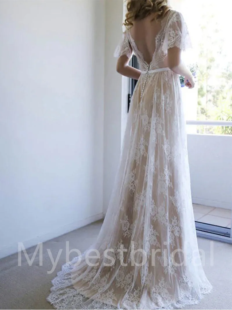 Sexy V-neck Cap-sleeves A-line Lace applique Wedding Dresses,WDY0310