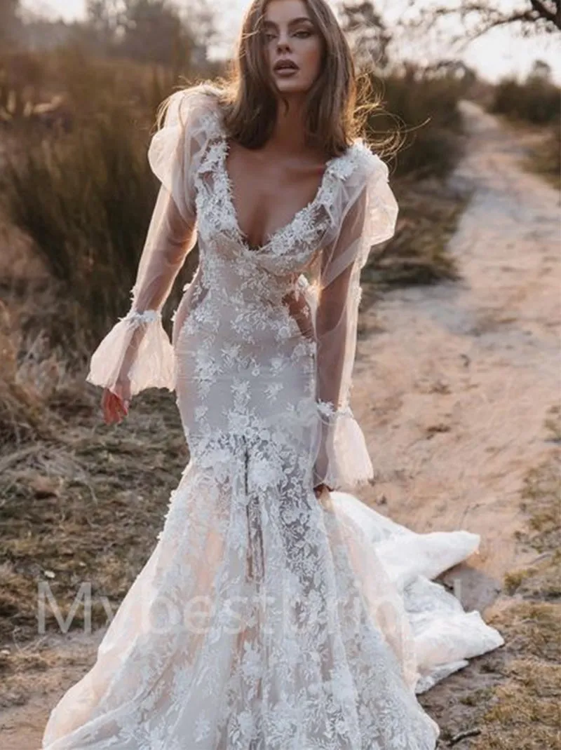 Sexy V-neck Long sleeves Mermaid Wedding Dresses, WDY0203