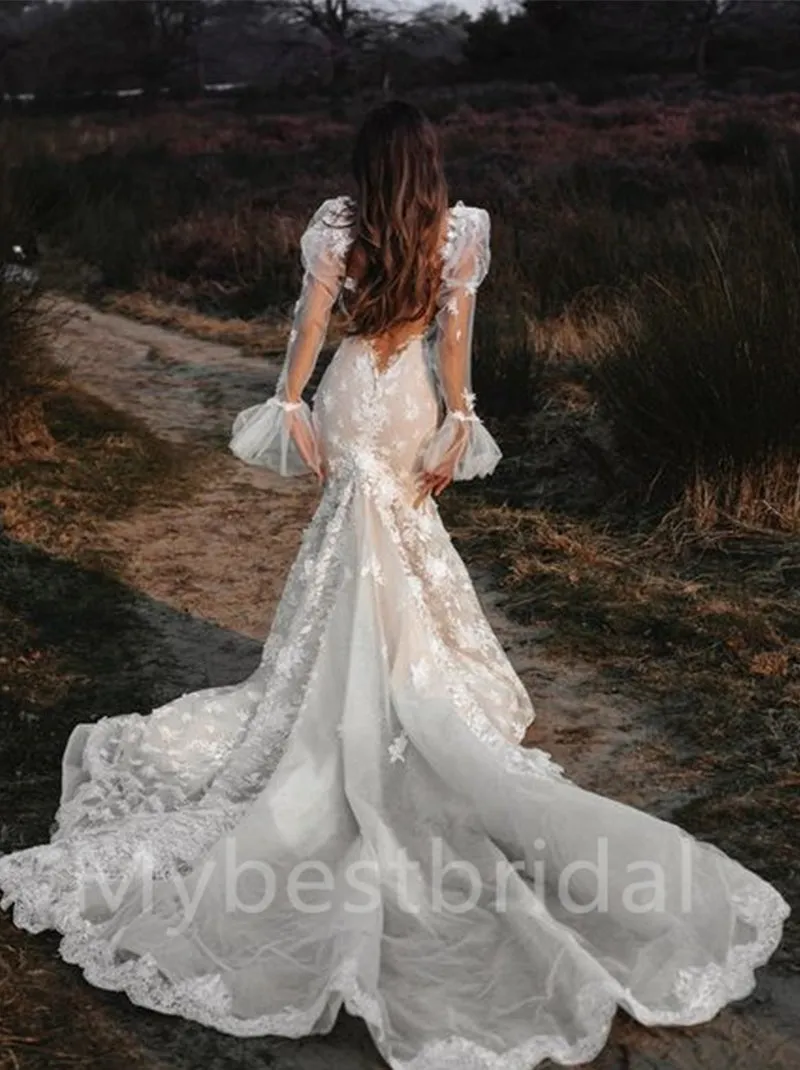 Sexy V-neck Long sleeves Mermaid Wedding Dresses, WDY0203